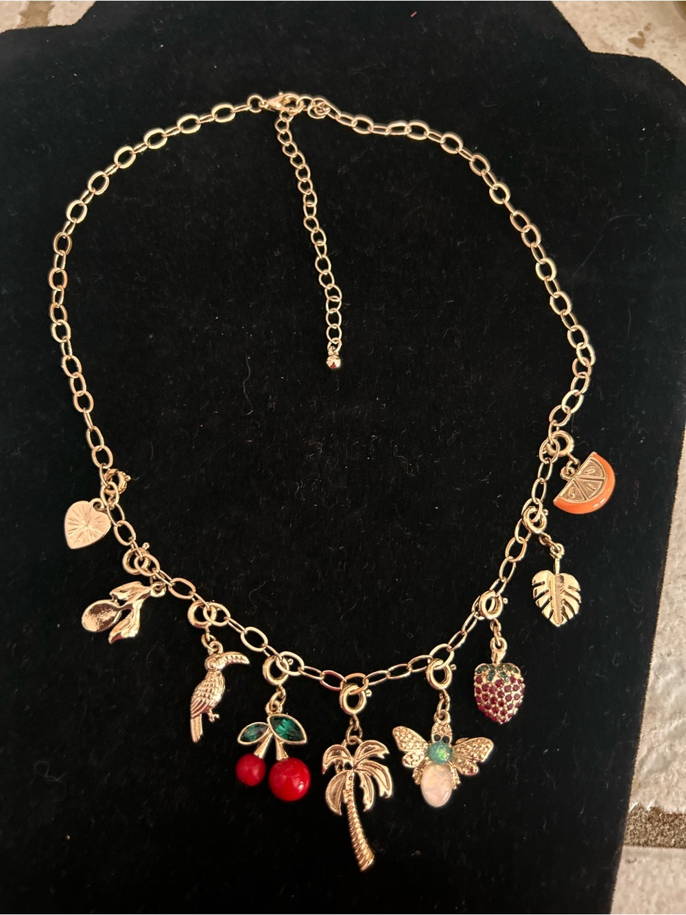 Gold-Tone Cherry & Tropical Charm Necklace in Red and Gold